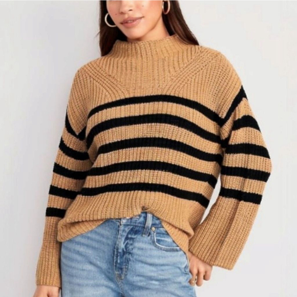 Old Navy Go Recycled Medium Tan Black Acacia Mock Neck Long Sleeve Tunic Sweater - Picture 1 of 8